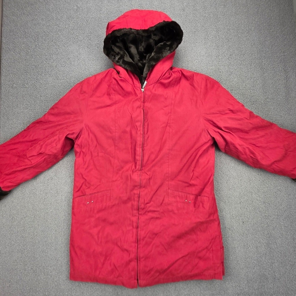 Gallery Hooded Faux Fur Lined Parka Jacket Womens Red Mid Length‎ Coat Size M - Picture 2 of 8